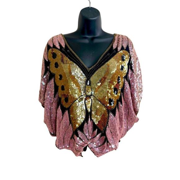 Swee Lo Top Woman’s L Pink‎ Butterfly Coachella Silk Festival Boho Retro Vintage - Picture 2 of 16